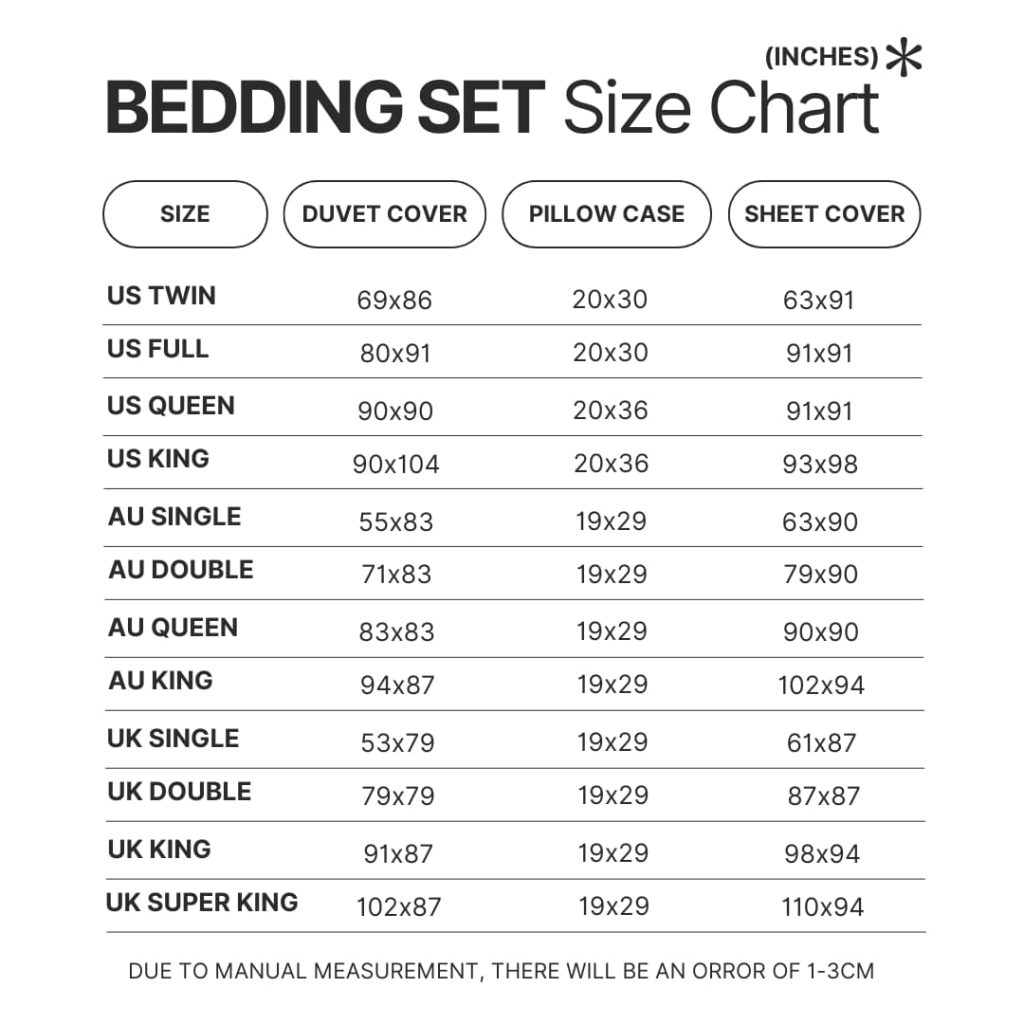 Bedding Set Size Chart - Undertale Merchandise